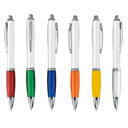 Penna a sfera con fusto bianco, clip in metallo, grip colorato, durata elevata, inchiostro nero, ultrascorrevole.