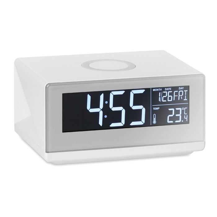  Orologio da tavolo/stazione meteo con carica wireless. Luce, adattatore AC-DC a 2 spine incluso. Non adatto per UK. Output: DC5V / 1.0A. Adatto per ultimi Android, iPhone 8, 8S e X e successivi.