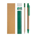 Set penna + matita + righello + gomma + temperamatite,
1 penna a sfera con corpo in carta riciclata,
1 matita in finitura colorata fornita gi temperata,
1 righello 15 cm in plastica,
1 gomma per cancellare,
1 temperamatite in plastica,
corredato di astuccio in carta naturale.
Materiale:
carta e plastica
 